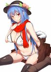  alternate_breast_size bad_id bad_pixiv_id bangs bikini black_hat black_legwear blue_hair blush boots breasts brown_footwear cleavage closed_mouth coat food fruit hat hat_ribbon hinanawi_tenshi large_breasts long_hair looking_at_viewer looking_to_the_side neropaso older peach red_eyes red_scarf ribbon scarf side-tie_bikini simple_background sitting solo string_bikini swimsuit thighhighs touhou very_long_hair white_background white_bikini white_ribbon 