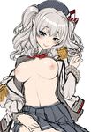  blue_eyes breasts dakimakura hat kantai_collection kashima_(kantai_collection) looking_at_viewer md5_mismatch medium_breasts military military_uniform nipples silver_hair solo tama_(new_island) twintails uniform 
