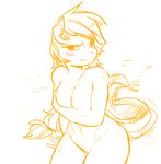  anthro applejack_(mlp) big_breasts blonde_hair blush breasts cleavage clothed clothing covering covering_breasts equine female freckles friendship_is_magic glo-in-the-dark hair hi_res horse long_hair looking_at_viewer mammal midriff my_little_pony navel nude pony simple_background sitting white_background 