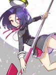  glaive highres kantai_collection mechanical_halo purple_eyes purple_hair saitou_naoki school_uniform short_hair skirt smile solo tatsuta_(kantai_collection) 