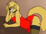  2015 anthro bent_over canine clothing collar crossdressing dog dress eyewear fur girly glasses half-closed_eyes legwear looking_at_viewer male mammal nateday seductive side_view solo suggestive tan_fur thigh_highs tongue tongue_out 