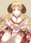  anila_(granblue_fantasy) blonde_hair breasts cleavage draph eyebrows gloves granblue_fantasy highres horns large_breasts long_hair looking_at_viewer marionette_(excle) sheep_horns solo thighhighs white_legwear yellow_eyes 