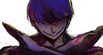  backlighting bad_id bad_pixiv_id black_eyes bowl_cut crossed_arms evil_grin evil_smile grin highres kubrick_stare looking_at_viewer mahou_shoujo_of_the_end male_focus portrait purple_hair rintarou_akuta rotte_(1109) smile solo white_background 