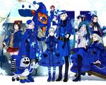  5girls aiguillette alice_(megami_tensei) alternate_costume beanie beret black_hair blonde_hair blue blue_scarf book cane cape chaise_longue coat cu_chulainn_(megami_tensei) decarabia earmuffs elizabeth_(persona) fingerless_gloves fur_hat gloves grimoire hat jack_frost king_frost margaret_(persona) marie_(persona_4) multiple_boys multiple_girls necktie pantyhose persona persona_3 persona_3_portable persona_4 persona_4_the_golden pixie_(megami_tensei) plaid plaid_scarf plaid_skirt pointy_ears scar scarf skirt snowflakes striped striped_legwear teodor white-light winter_clothes winter_coat yoshitsune_(megami_tensei) 