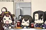  &gt;:) &gt;_&lt; :3 :d ;) ahoge black_eyes closed_eyes dated eating fish_and_chips fork hamu_koutarou headgear isonami_(kantai_collection) kantai_collection kongou_(kantai_collection) multiple_girls nachi_(kantai_collection) one_eye_closed open_mouth ru-class_battleship shinkaisei-kan side_ponytail smile suzukaze_(kantai_collection) translated v-shaped_eyebrows 