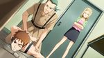  2boys black_skirt blonde_hair brown_eyes brown_hair check_artist dog_tags door dutch_angle evil_smile eyewear_removed game_cg glasses green_hair higurashi_no_naku_koro_ni long_hair looking_at_another minagoroshi-hen multiple_boys official_art okonogi_tetsurou one_eye_closed pinned ponytail rato short_hair skirt smile spoilers suspenders sweatdrop table takano_miyo tomitake_jirou 