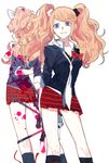  bad_id bad_pixiv_id blood blue_eyes bow bra breasts cleavage danganronpa danganronpa_1 enoshima_junko hair_ornament ikusaba_mukuro long_hair medium_breasts monokuma multiple_girls necktie pink_blood pink_hair polearm red_skirt ruru_(bidedayo) siblings sisters skirt sleeves_rolled_up smile spear spoilers twins twintails underwear weapon 