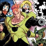  2boys android_16 android_17 android_18 black_hair blonde_hair blue_eyes brown_hair cell_(dragon_ball) clenched_hand collarbone cyborg denim detached_hand double_v dragon_ball dragon_ball_z earrings face_punch gloves green_skin heart in_the_face jeans jewelry kara_age multiple_boys muscle necklace pants punching red_ribbon_army rocket_punch serious smoke sweatdrop symbol-shaped_pupils v 