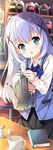  :o blue_eyes blue_hair blush book cup gochuumon_wa_usagi_desu_ka? hair_ornament highres kafuu_chino long_hair looking_at_viewer mayuzaki_yuu solo x_hair_ornament 