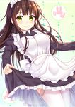  apron brown_hair dress dress_lift energy gochuumon_wa_usagi_desu_ka? green_eyes juliet_sleeves lace lace-trimmed_thighhighs long_hair long_sleeves looking_at_viewer maid_apron maid_headdress niiya puffy_sleeves purple_dress smile solo thighhighs ujimatsu_chiya very_long_hair white_legwear 