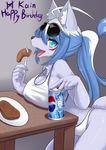  1girl 2015 artist_request big_breasts blue_eyes blue_fur blue_hair breasts canine cleavage clothed clothing dog eating english english_text female fur furry hair kemono long_hair mammal open_mouth panties pepsi plate ponytail product_placement soda solo steak table text tongue underwear wolf wolflong 