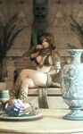  3d bench blue_eyes breasts brown_hair crossed_legs goblet greaves hieroglyphics highres kingdom_under_fire large_breasts long_hair midriff original plate ryanreos sitting solo statue vase 