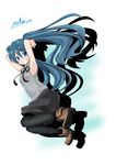  absurdres armpits blue_eyes blue_hair blush grin hatsune_miku highres kazenoko long_hair looking_at_viewer smile solo twintails vocaloid 