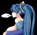  bad_id bad_pixiv_id bare_shoulders black_background blue_hair breasts closed_eyes disembodied_limb finger_in_mouth large_breasts league_of_legends padark simple_background solo sona_buvelle twintails 