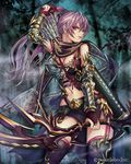  bow_(weapon) breasts cleavage company_name eikou_no_guardian_battle highres long_hair looking_at_viewer madogawa medium_breasts official_art ponytail purple_hair quiver red_eyes solo weapon 