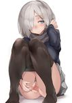  absurdres afukuro alternate_costume blue_eyes blush breasts censored hair_ornament hair_over_one_eye hairclip hamakaze_(kantai_collection) highres kantai_collection large_breasts pantyhose pantyhose_pull pubic_hair pussy scarf short_hair silver_hair smile solo spread_pussy sweater 