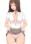  ass_visible_through_thighs bad_id bad_pixiv_id breasts brown_hair cleavage collarbone cowboy_shot green_eyes grey_hair idolmaster idolmaster_cinderella_girls long_hair looking_at_viewer medium_breasts no_bra open_clothes open_mouth open_shirt panties pink_panties pleated_skirt shibuya_rin shirt simple_background skirt skirt_lift solo standing sungpark underwear white_background white_shirt 