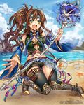  beach blush breasts brown_hair cleavage cloud company_name day detached_sleeves eikou_no_guardian_battle fang fish goldfish green_eyes headband highres long_hair madogawa magic medium_breasts midriff navel official_art open_mouth outdoors ponytail sky solo staff wavy_hair 