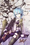  ajigo ammunition anti-materiel_rifle bad_id bad_pixiv_id black_shorts blue_eyes blue_hair bolt_action breasts bullet cartridge character_name cleavage copyright_name gun pgm_hecate_ii rifle scope short_shorts shorts sinon sitting small_breasts sniper_rifle solo sword_art_online weapon 