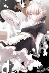  apron artoria_pendragon_(all) bad_id bad_pixiv_id blonde_hair dress fate/stay_night fate_(series) hair_ribbon highres looking_at_viewer magicians_(zhkahogigzkh) maid maid_apron maid_headdress ribbon saber_alter solo tray yellow_eyes 