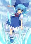  blue_dress blue_eyes blue_hair blue_sky bow cirno cloud cross_(crossryou) day dress hair_bow ice ice_wings looking_at_viewer open_mouth puffy_short_sleeves puffy_sleeves shirt short_hair short_sleeves sky smile solo touhou wings 