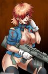  blonde_hair blonde_pubic_hair blood blood_on_face blood_on_fingers blood_stain bloody_clothes breasts fangs finger_licking gloves gun hair_over_one_eye hellsing highres john_joseco large_breasts licking nipples open_clothes open_shirt police police_uniform pubic_hair pussy red_eyes rifle seras_victoria shirt sniper_rifle solo thighhighs torn_clothes torn_legwear uniform weapon 