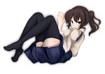  absurdres black_legwear blush brown_hair frown highres kaga_(kantai_collection) kantai_collection kazenoko looking_at_viewer simple_background solo thighhighs white_background 