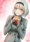  :p absurdres anna_nishikinomiya aqua_eyes blue_eyes blush bubble_background colored_eyelashes hairband hands_clasped heart highres interlocked_fingers necktie own_hands_together sanilea school_uniform shimoneta_to_iu_gainen_ga_sonzai_shinai_taikutsu_na_sekai short_hair silver_hair solo tongue tongue_out uniform upper_body white_hair 