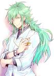  bracelet green_eyes green_hair jewelry long_hair male_focus meltdown0802 messy_hair n_(pokemon) pokemon pokemon_(game) pokemon_bw saturn smile solo turtleneck upper_body 