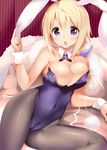  :o animal_ears bare_shoulders blonde_hair blue_leotard blush breasts bunny_ears bunny_girl bunnysuit cameltoe charlotte_dunois cleavage covered_navel detached_collar fur hair_between_eyes hitsuji_takako infinite_stratos large_breasts leotard long_hair looking_at_viewer pantyhose pillow purple_eyes ribbon short_hair solo touching_ears wrist_cuffs 