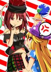  american_flag_dress anger_vein angry bare_shoulders belt blonde_hair breasts chain cleavage clenched_hands clothes_writing clownpiece collar commentary_request d: earth_(ornament) food food_theft hat hecatia_lapislazuli height_difference jealous jester_cap jitome long_hair medium_breasts miniskirt moja_(moja4192) moon_(ornament) multicolored multicolored_clothes multicolored_skirt multiple_girls off-shoulder_shirt open_mouth polos_crown pudding red_eyes red_hair shirt short_hair skirt smile smug spoken_anger_vein star t-shirt tears touhou v-shaped_eyebrows very_long_hair 