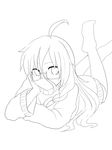  absurdres bad_id bad_pixiv_id glasses greyscale highres ia_(vocaloid) kazenoko lineart long_hair looking_at_viewer lying monochrome on_stomach solo vocaloid 