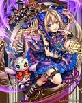  blonde_hair blue_eyes chain company_name cuffs eikou_no_guardian_battle heterochromia highres lock long_hair looking_at_viewer madogawa official_art padlock red_eyes scythe smile solo stuffed_animal stuffed_bunny stuffed_toy tongue tongue_out very_long_hair 