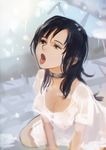  absurdres arms_between_legs black_hair breasts choker cleavage covered_nipples dress highres long_hair medium_breasts nipples no_bra okuto open_mouth oral_invitation original see-through sitting snow solo tareme tongue tongue_out wariza white_dress 
