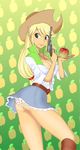  absurdres apple applejack belt blonde_hair boots breasts cleavage cowboy_hat food food_print freckles fruit green_eyes gun hat highres holding holding_gun holding_weapon kamitsuki_manmaru large_breasts long_hair low-tied_long_hair my_little_pony my_little_pony_equestria_girls my_little_pony_friendship_is_magic panties pantyshot pantyshot_(standing) personification smile solo standing underwear weapon 