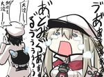  2girls admiral_(kantai_collection) cape capelet chibi commentary crying crying_with_eyes_open gloves goma_(gomasamune) graf_zeppelin_(kantai_collection) hands_on_own_face hanging_on hat kantai_collection multiple_girls necktie person_on_back shinkaisei-kan tears translated twintails uniform wo-class_aircraft_carrier 
