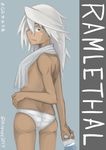  :p ass back blush_stickers bottle brown_eyes butt_crack dark_skin from_behind guilty_gear guilty_gear_xrd hibun_tsukasa highres long_hair looking_at_viewer panties ramlethal_valentine sideways_mouth silver_hair solo tongue tongue_out topless towel towel_around_neck underwear water_bottle 
