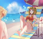  1girl :o ahoge armpits bad_id bad_pixiv_id bangs bare_back bare_legs barefoot beach beach_umbrella blonde_hair blue_sky blurry bubble cloud cocktail collar collared_shirt day deck_chair depth_of_field drink drinking_straw elbow_gloves frilled_skirt frills glass gloves goggles goggles_on_head green_eyes green_hair gumi highres horizon hurricane_glass kagamine_len knees_up lying miniskirt ocean on_back orange_panties orange_skirt orange_vest outdoors panties pantyshot pantyshot_(sitting) parted_lips ponytail qingshui_ai reclining sand shirt shirtless short_hair sitting skirt sky sleeveless sleeveless_shirt soap_bubbles soles solo_focus table tropical_drink umbrella underwear vocaloid water wrist_cuffs yellow_shirt 