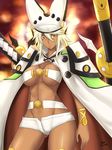  beltbra blonde_hair breasts cape commentary commentary_typo cowboy_shot creature dark_skin english_commentary floating_swords frown guilty_gear guilty_gear_xrd hair_between_eyes hat highres huge_weapon large_breasts long_hair midriff nuypiya_hehasuk orange_eyes ramlethal_valentine short_shorts shorts solo sword weapon 