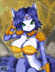  2015 anthro armor big_breasts bikini blue_fur blue_hair bracers breasts canine cleavage clothed clothing fenrox fox fur green_eyes hair jewelry krystal looking_at_viewer mammal necklace nintendo star_fox swimsuit video_games 