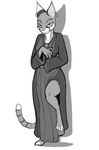  2015 ahnassi_(rml) anthro clothed clothing dress ear_piercing feline female greyscale looking_at_viewer mammal monochrome piercing rml simple_background solo white_background 