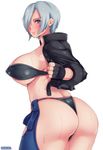  angel_(kof) artist_name ass bad_id bad_pixiv_id blue_eyes breasts covered_nipples deeezel fingerless_gloves gloves hair_over_one_eye huge_breasts jacket looking_at_viewer looking_back pubic_hair short_hair silver_hair simple_background smile solo sweat the_king_of_fighters thighs thong underwear white_background 