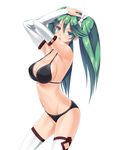  :o aqua_eyes armpits arms_up bikini black_bikini blush bow breasts cleavage collarbone covered_nipples detached_sleeves green_hair hair_bow hammerman_benkei hands_on_own_head isuzu_(kantai_collection) kantai_collection large_breasts long_hair long_sleeves looking_at_viewer navel open_mouth side_ponytail simple_background solo standing stomach swimsuit thighhighs twintails white_background white_bow white_legwear 