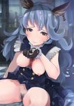  animal_ears bad_id bad_pixiv_id blue_hair breasts brown_eyes cum cum_in_hands cum_on_hair cupping_hand dress erune facial ferry_(granblue_fantasy) gloves granblue_fantasy highres hinoshita_akame large_breasts long_hair nipples no_panties pubic_hair pussy pussy_juice sitting solo 
