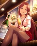  alcohol artist_request brown_eyes brown_hair champagne crossed_legs cup drinking_glass earrings idolmaster idolmaster_cinderella_girls jewelry jpeg_artifacts long_hair nail_polish necklace official_art pantyhose red_skirt ring skirt solo wine_glass zaizen_tokiko 