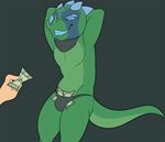  2015 animated anthro bald clothing dancing dinosaur grin hands_behind_head invalid_tag jasonafex knot male money nude pose raptor scalie sharp_teeth smile solo spikes standing teeth thong thrust 