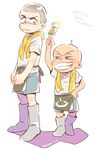  alternate_costume apron bald blue_shorts boots chibita constricted_pupils dated facial_mark food full_body grin height_difference highres looking_at_another looking_down male_focus matsuno_karamatsu mosodon multiple_boys oden osomatsu-kun osomatsu-san shaded_face shaved_head shorts simple_background smile sweat towel towel_around_neck twitter_username waist_apron whisker_markings white_background 
