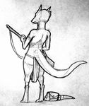  2015 ambiguous_gender anthro clothing digitigrade greyscale gun horn kobold loincloth monochrome ranged_weapon rear_view reptile rml scalie simple_background solo standing weapon 