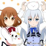  2015 2girls alternate_costume angora_rabbit blue_eyes blue_ribbon brown_eyes brown_hair bunny chestnut_mouth closed_mouth commentary_request cosplay dated fang fang_out gochuumon_wa_usagi_desu_ka? hair_ornament hair_ribbon hairclip hibiki_(kantai_collection) hoto_cocoa hoto_cocoa_(cosplay) ikazuchi_(kantai_collection) kafuu_chino kafuu_chino_(cosplay) kantai_collection long_hair long_sleeves look-alike miicha miss_cloud multiple_girls rabbit_house_uniform red_ribbon ribbon short_hair silver_hair smile tippy_(gochiusa) twitter_username yellow_ribbon 