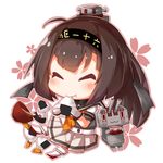  :3 ahoge akizuki_(kantai_collection) black_hair blush bowl can canned_food chibi chou-10cm-hou-chan closed_eyes corset eating food gasuto_(kamikami) gloves hachimaki hair_ornament hairband headband holding holding_can holding_food kantai_collection long_hair neckerchief onigiri pleated_skirt ponytail rice school_uniform serafuku skirt uniform 